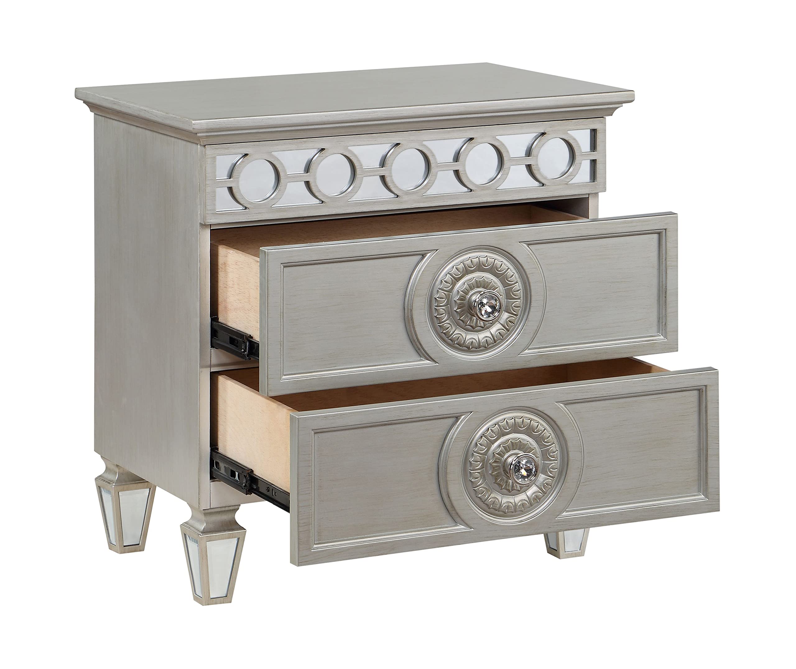 Acme Varian 2 Drawers Wooden Nightstand with Mirror Inlay in Silver